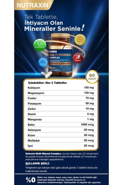 Nutraxin Multi Mineral Complex 60 Tablet Magnezyum, Kalsiyum, Çinko, Demir, İyot, Krom - Resim 7