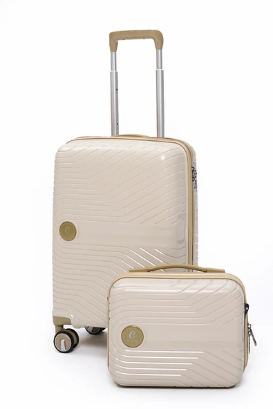 Elatae Exclusive Pro Polipropilen Kırılmaz 2'li Valiz Seti Kabin Boy ve Makyaj 2'li Set Bej - Vizon 5239 ürün görseli