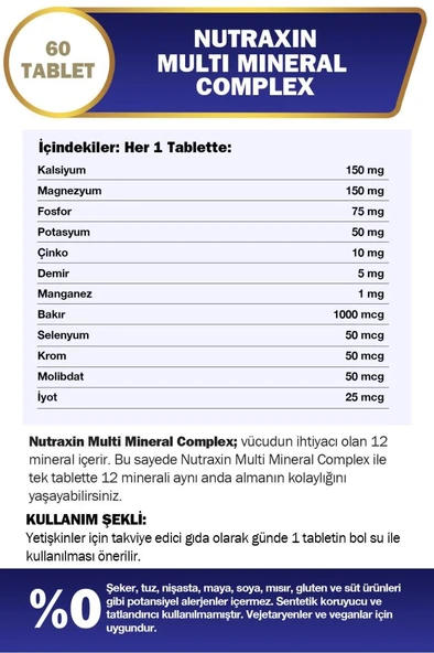 Nutraxin Multi Mineral Complex 60 Tablet Magnezyum, Kalsiyum, Çinko, Demir, İyot, Krom - Resim 8