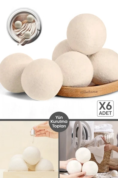 Tilbe Home 6 Adet Çamaşır Yün Kurutma Topu XXL Büyük Boy Doğal Yumuşatıcı Çamaşır Kurutma Makinesi Topları