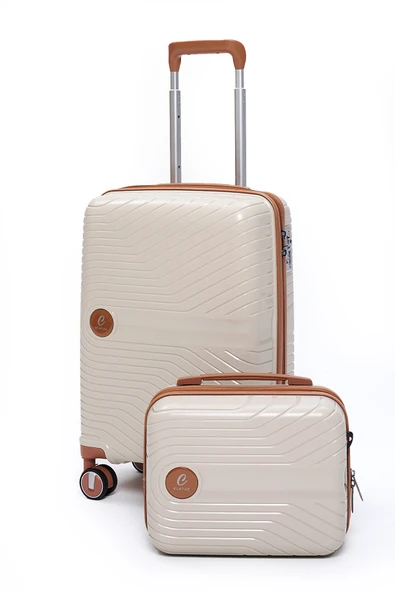 Elatae Exclusive Pro Polipropilen Kırılmaz 2'li Valiz Seti Kabin Boy ve Makyaj 2'li Set Bej - Camel 5239 ürün görseli