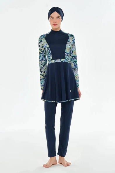 Rozamay 253118 Dooly Lacivert  Tam Boy Lycralı Dijital Desen Tesettür Mayo - Resim 4