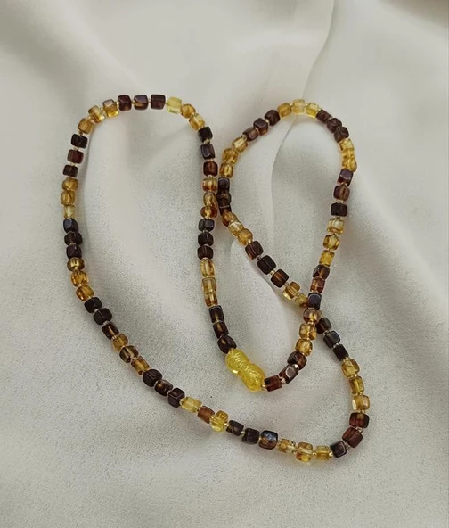 Kolye Kehribar Amber Doğaltaş Küp Kesim Karışık Renkli  Yetişkin Kolyesi - 3
