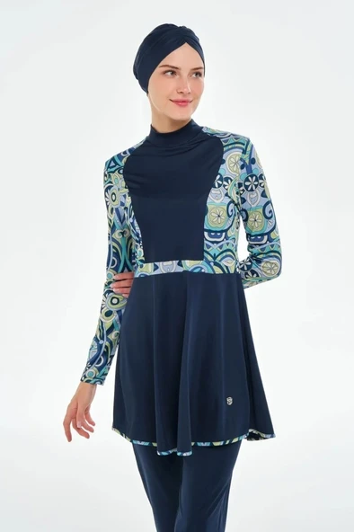 Rozamay 253118 Dooly Lacivert  Tam Boy Lycralı Dijital Desen Tesettür Mayo - Resim 3