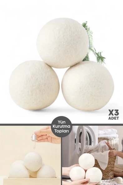 Tilbe Home 3 Adet Çamaşır Yün Kurutma Topu XXL Büyük Boy Doğal Yumuşatıcı Çamaşır Kurutma Makinesi Topları