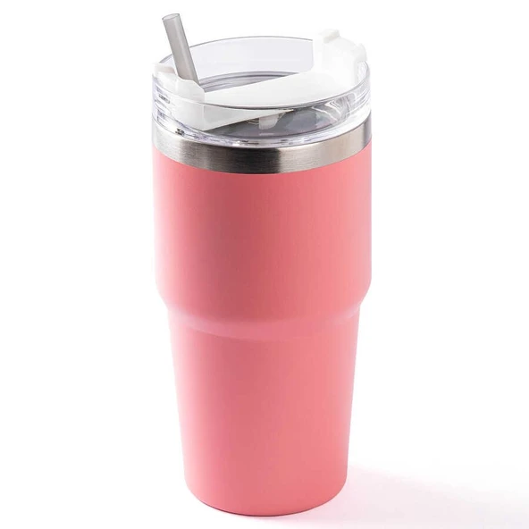 Tantitoni Pembe Paslanmaz Çelik Pipetli Termos Bardak 600ml