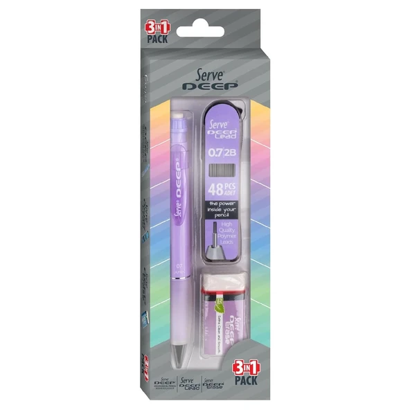 Serve Deep Pastel Mekanik Versatil Uçlu Kalem Uç-Silgi 3 lü Okul Seti 0.7 - 10