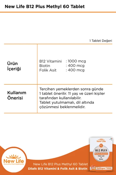 New Life B12 Plus 60 Dilaltı Tablet - B12 Vitamini - Folik Asit - Biotin - 3