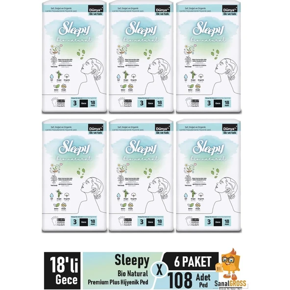 Sleepy Bio Natural Premium Plus Hijyenik Ped 18'li Gece x 6 Paket ürün görseli