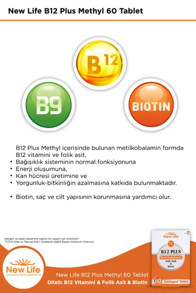 New Life B12 Plus 60 Dilaltı Tablet - B12 Vitamini - Folik Asit - Biotin - 4