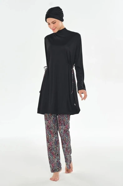Rozamay 253125 Carter  Siyah Tam Boy Lycralı Dijital Desen Tesettür Mayo - Resim 5