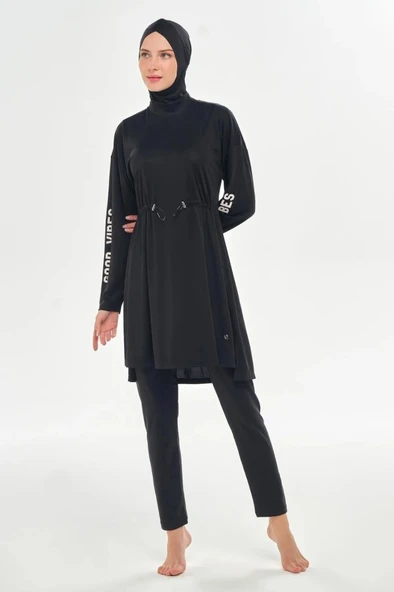 Rozamay 253132 Opal   Siyah Tam Boy Lycralı Dijital Desen Tesettür Mayo - Resim 2