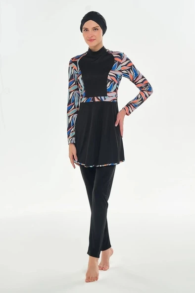 Rozamay 253117 Halle Siyah Tam Boy Lycralı Dijital Desen Tesettür Mayo - Resim 3