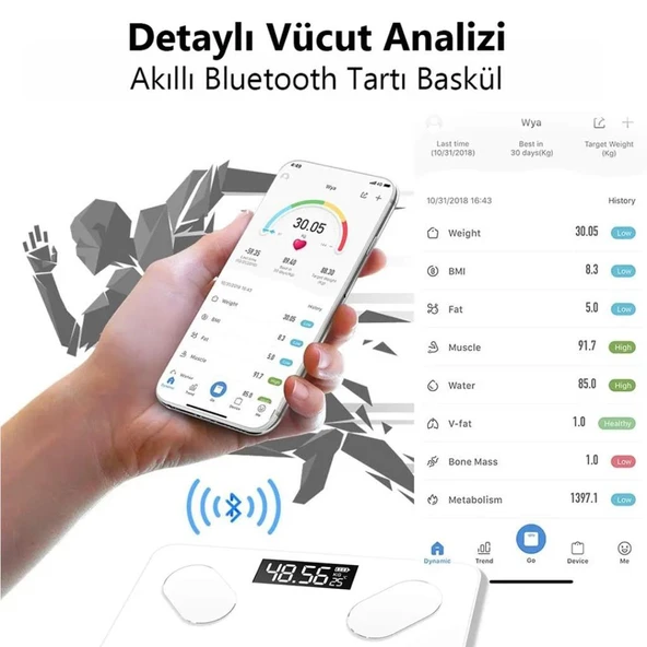 DİJİTAL BANYO BASKÜL KİLO TARTI BLUETOOTH UYGULAMA DESTEKLİ TERAZİ - 3