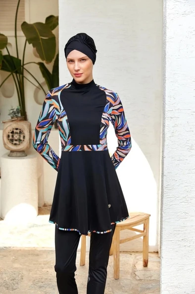 Rozamay 253117 Halle Siyah Tam Boy Lycralı Dijital Desen Tesettür Mayo ürün görseli