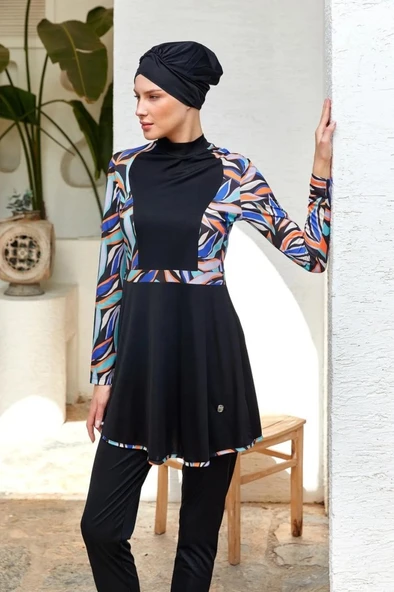 Rozamay 253117 Halle Siyah Tam Boy Lycralı Dijital Desen Tesettür Mayo - Resim 2