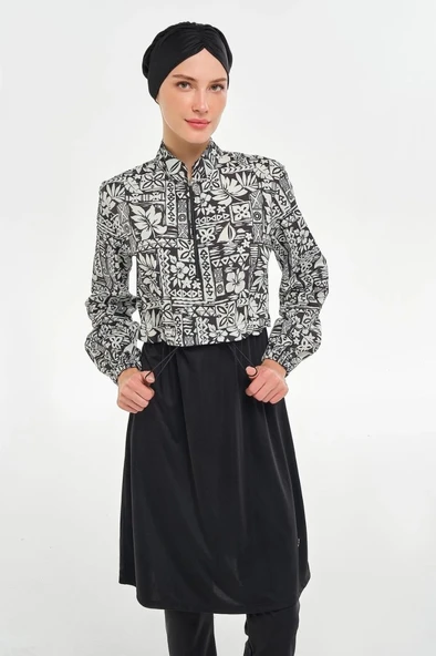Rozamay 253402 Penelope  Siyah Tam Boy Lycralı Dijital Desen Tesettür Mayo - Resim 3