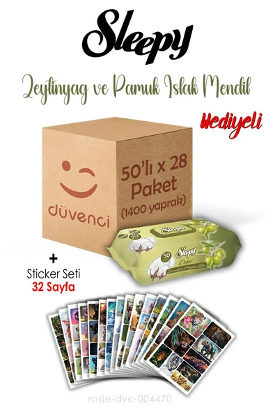 Zeytinyağlı ve Pamuklu Islak Havlu Sleepy 50x28 (1400 yaprak) ve Sticker Seti 32 Sayfa
