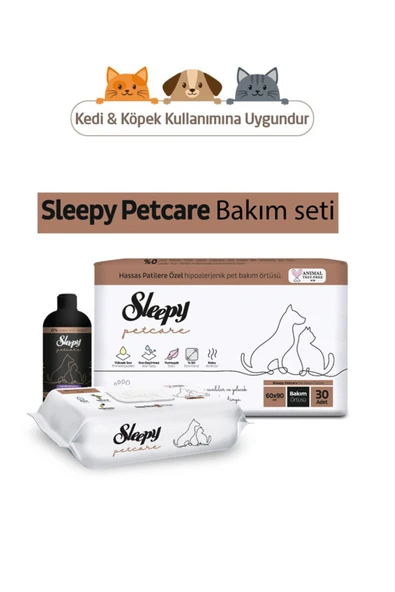 Sleepy Petcare Bakım Seti ( 30'lu Pet Bakım Örtüsü + 60 Yaprak Islak Havlu + 500 ml Şampuan ) ürün görseli 1