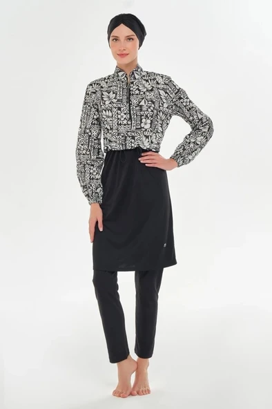 Rozamay 253402 Penelope  Siyah Tam Boy Lycralı Dijital Desen Tesettür Mayo - Resim 7