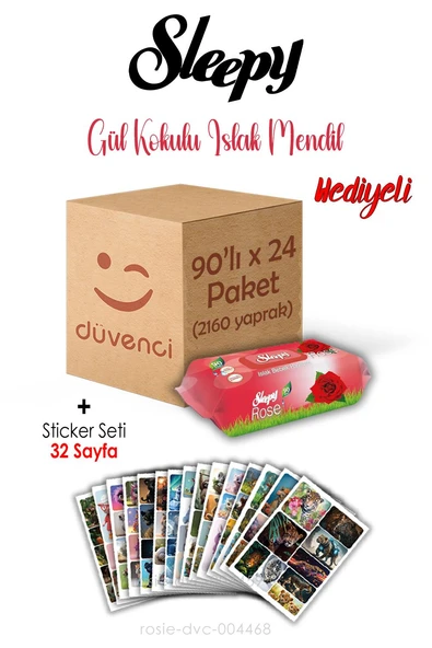 Gül Kokulu Islak Havlu Sleepy 90x24 (2160 yaprak) ve Sticker Seti 32 Sayfa