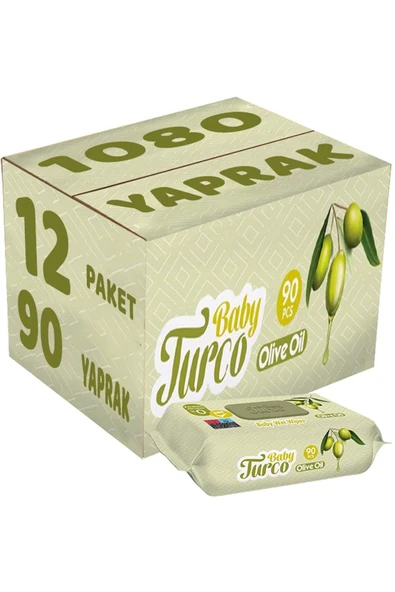 Baby Turco Islak Havlu Mendil 90 Yaprak Zeytinyağlı 12 Li Set 1080 Yaprak