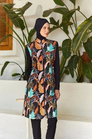 Rozamay 253302 Venus  Siyah Tam Boy Lycralı Dijital Desen Tesettür Mayo ürün görseli