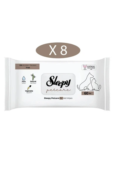 Sleepy Petcare Evcil Hayvan Islak Havlusu 60lı x 8 Adet (480 Yaprak) ürün görseli