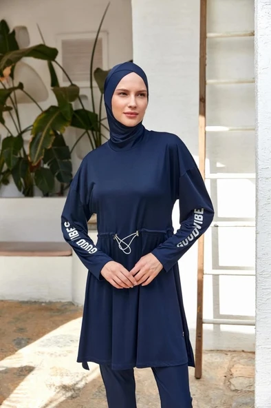 Rozamay 253132 Opal Lacivert Tam Boy Lycralı Dijital Desen Tesettür Mayo