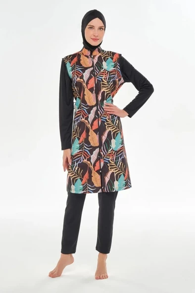 Rozamay 253302 Venus  Siyah Tam Boy Lycralı Dijital Desen Tesettür Mayo - Resim 4