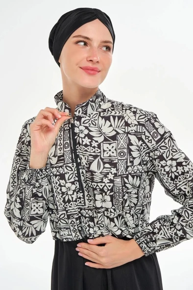 Rozamay 253402 Penelope  Siyah Tam Boy Lycralı Dijital Desen Tesettür Mayo - Resim 4