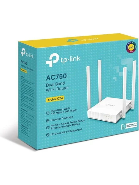 TP-LINK Archer C24, AC750 Mbps, Ebeveyn Denetimleri, All-in-one( Router, Access Point, Range Extender) Modları, Dual-Band Wi-Fi 5 Router