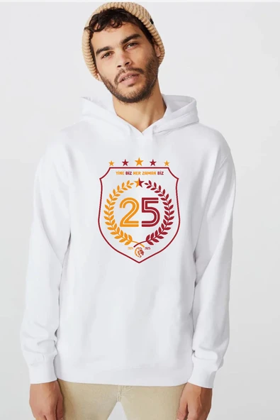 25 Şampiyonluk Yine Biz Beyaz Erkek 3ip Kapşonlu  Sweatshirt