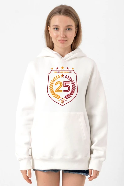 25 Şampiyonluk Yine Biz Beyaz Kadın 3ip Kapşonlu Sweatshirt ürün görseli