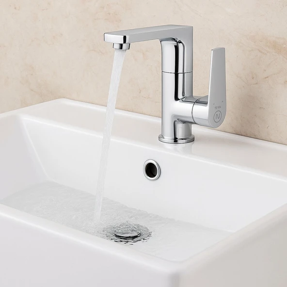 LAVABO BATARYASI KROM BANYO LAVABO MUSLUK AĞIR PRİNÇ GÖVDE DÖNER BORU MODERN LÜKS ARMATÜR GÜMÜŞ GRİ - 7