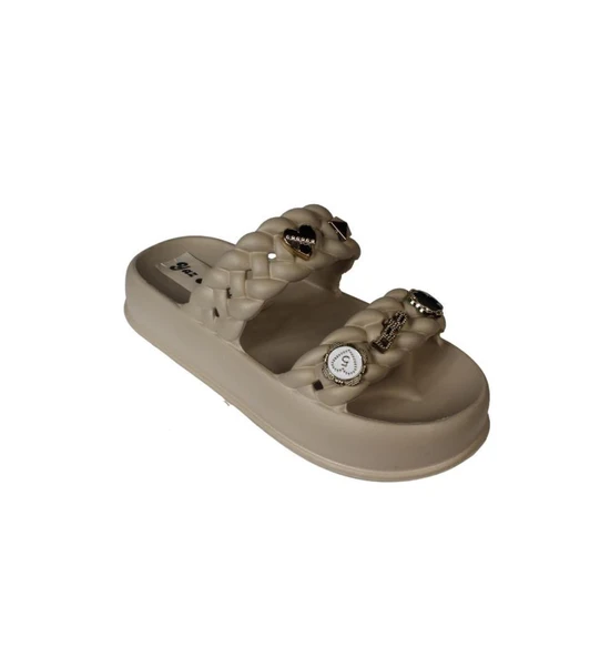 YAZKIŞ Kadın Siyah Krem Yeşil Gri Çift Bantlı Üzeri Taşlı Kauçuk Deniz Plaj Havuz Terlik - Resim 16