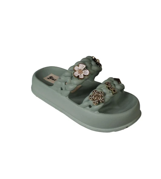 YAZKIŞ Kadın Siyah Krem Yeşil Gri Çift Bantlı Üzeri Taşlı Kauçuk Deniz Plaj Havuz Terlik - Resim 19