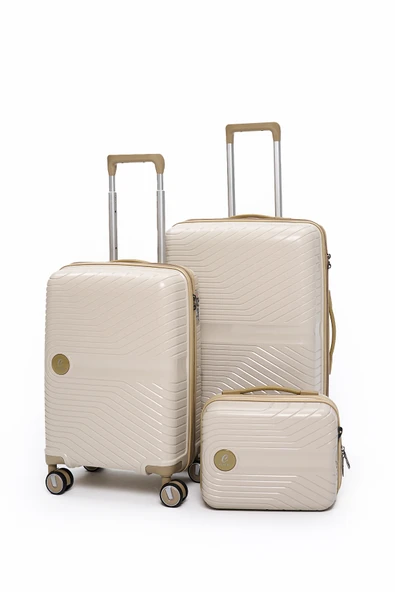 Elatae Exclusive Pro Polipropilen Kırılmaz 3'lü Valiz Seti Orta - Kabin Boy ve Makyaj Çantası Bej - Vizon 5239 ürün görseli