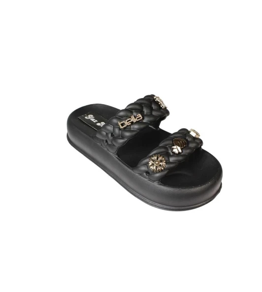 YAZKIŞ Kadın Siyah Krem Yeşil Gri Çift Bantlı Üzeri Taşlı Kauçuk Deniz Plaj Havuz Terlik - Resim 14