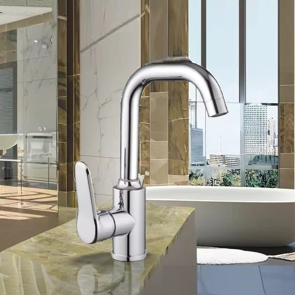 LAVABO BATARYASI KROM BANYO LAVABO MUSLUK AĞIR PRİNÇ GÖVDE DÖNER BORU MODERN LÜKS ARMATÜR GÜMÜŞ GRİ - 3