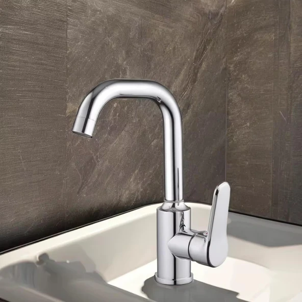 LAVABO BATARYASI KROM BANYO LAVABO MUSLUK AĞIR PRİNÇ GÖVDE DÖNER BORU MODERN LÜKS ARMATÜR GÜMÜŞ GRİ - 2