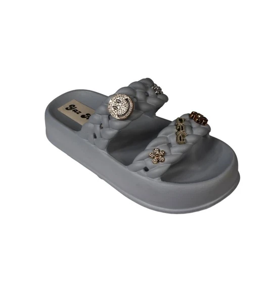 YAZKIŞ Kadın Siyah Krem Yeşil Gri Çift Bantlı Üzeri Taşlı Kauçuk Deniz Plaj Havuz Terlik - Resim 18