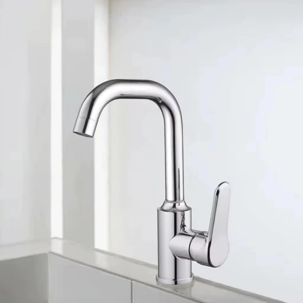 LAVABO BATARYASI KROM BANYO LAVABO MUSLUK AĞIR PRİNÇ GÖVDE DÖNER BORU MODERN LÜKS ARMATÜR GÜMÜŞ GRİ - 4