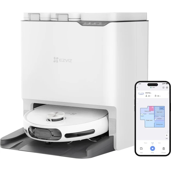 Ezviz RS20 Max Robot Süpürge, Hepsibirarada, Kendi Kendine Temizleme, 13000PA, Kameralı Devriye, Iki Yönlü Konuşma, Anti-Fırça Dolaşma, Kamera ve Lds Navigasyon, Sıcak Su 60°c, Otomatik Boşaltma