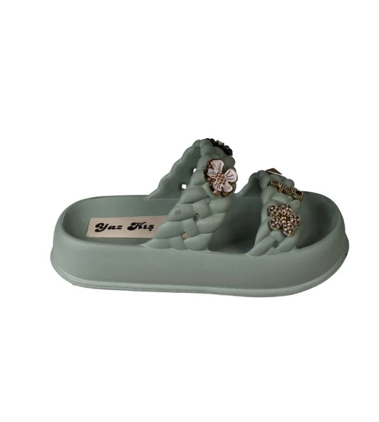 YAZKIŞ Kadın Siyah Krem Yeşil Gri Çift Bantlı Üzeri Taşlı Kauçuk Deniz Plaj Havuz Terlik - Resim 12