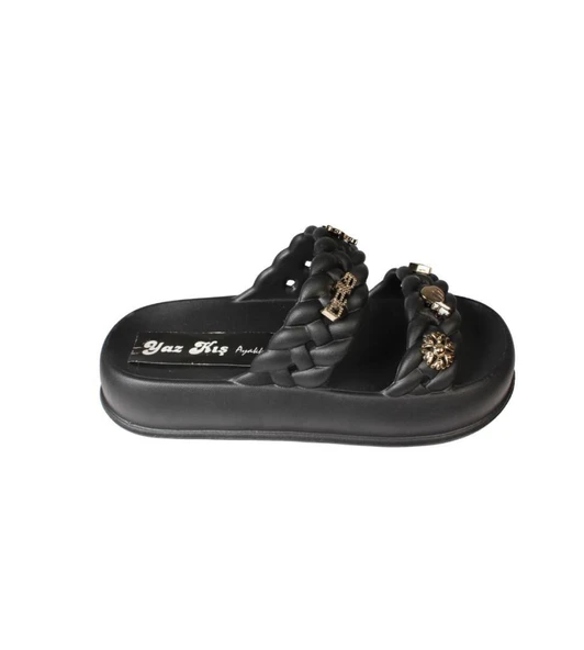 YAZKIŞ Kadın Siyah Krem Yeşil Gri Çift Bantlı Üzeri Taşlı Kauçuk Deniz Plaj Havuz Terlik - Resim 9