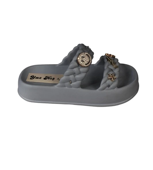 YAZKIŞ Kadın Siyah Krem Yeşil Gri Çift Bantlı Üzeri Taşlı Kauçuk Deniz Plaj Havuz Terlik - Resim 23