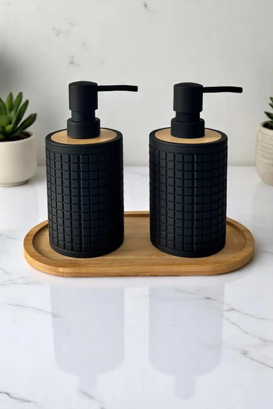 Tilbe Home 2li Retro Still Sıvı Sabunluk Seti 500ml Mutfak Siyah Hands Dishes Kare Figürlü Bambu Stantlı Set