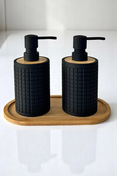 Tilbe Home 2li Retro Still Sıvı Sabunluk Seti 500ml Mutfak Siyah Hands Dishes Kare Figürlü Bambu Stantlı Set - 2