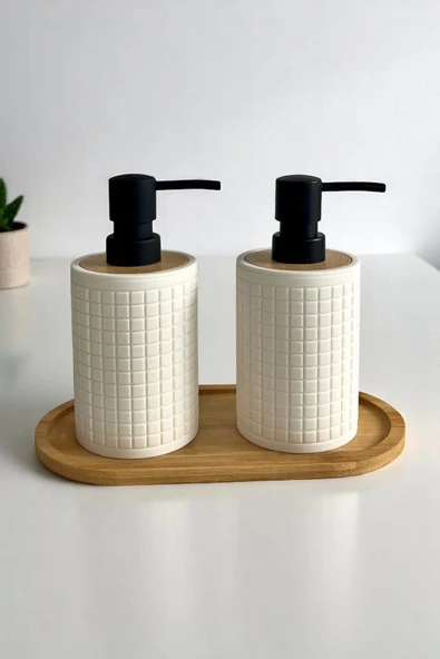 Tilbe Home 2li Retro Still Sıvı Sabunluk Seti 500ml Mutfak Banyo Hands Dishes Kare Figürlü Bambu Stantlı Set - 2